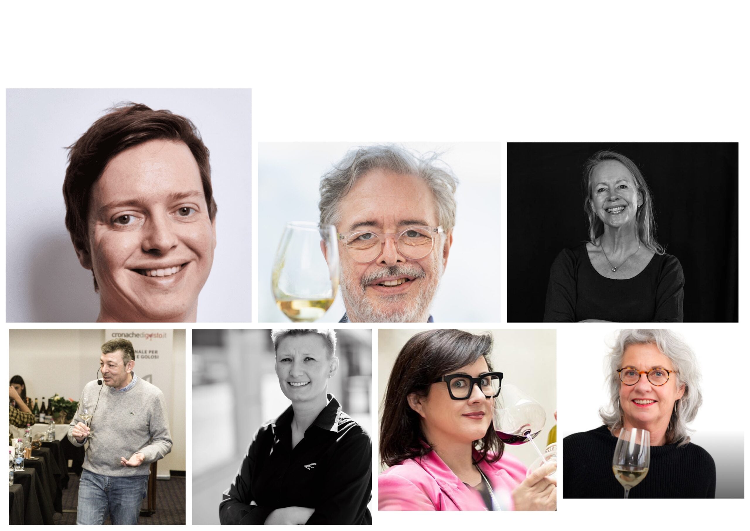 In alto da sinistra in senso orario James Button, Daniele Cernilli, Cynthia Chaplin, Magda Van Der Rijst, Claudia Stern, Bonnie Reinwald, Federico Latteri