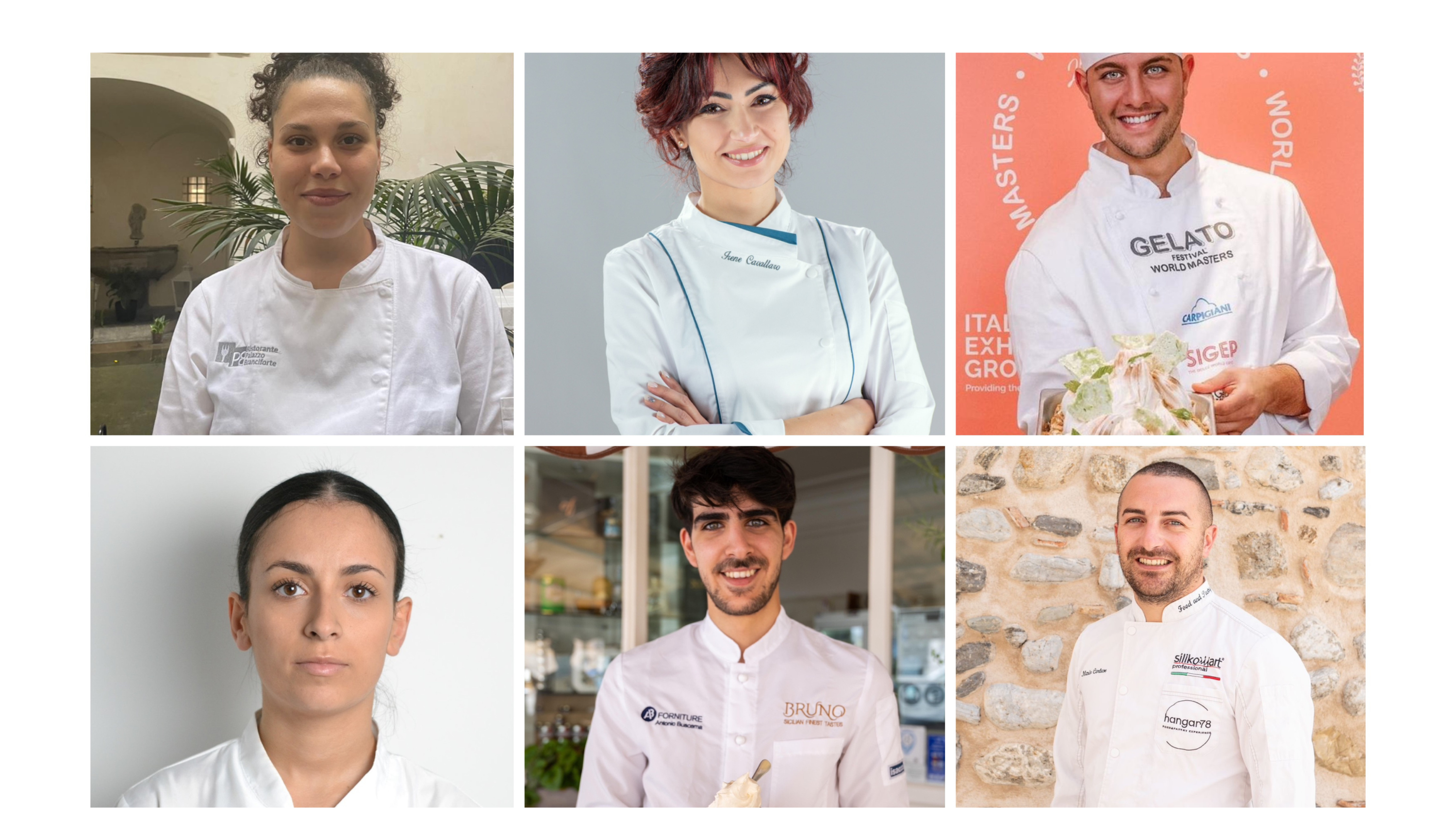 I pasticceri che gareggeranno a Dulcis in Sicily: da sinistra Beatrice Anzà, Irene Cavallaro, Claudio Adelfio, in basso da sinistra Melania Arcidiacono, Vincenzio Armenia e Mario Cortese