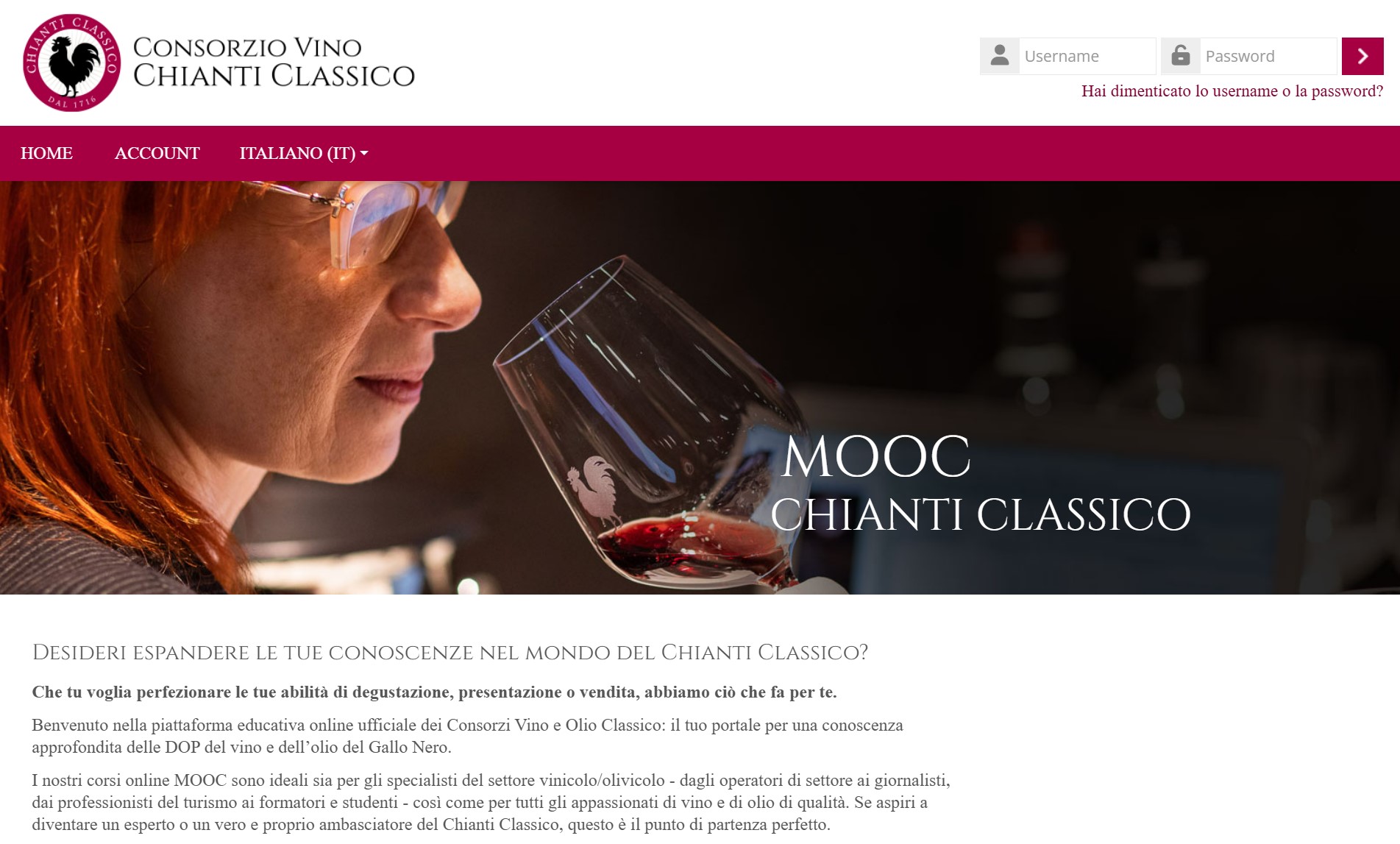 L’home page della nuova piattaforma di e-learning del Chianti Classico