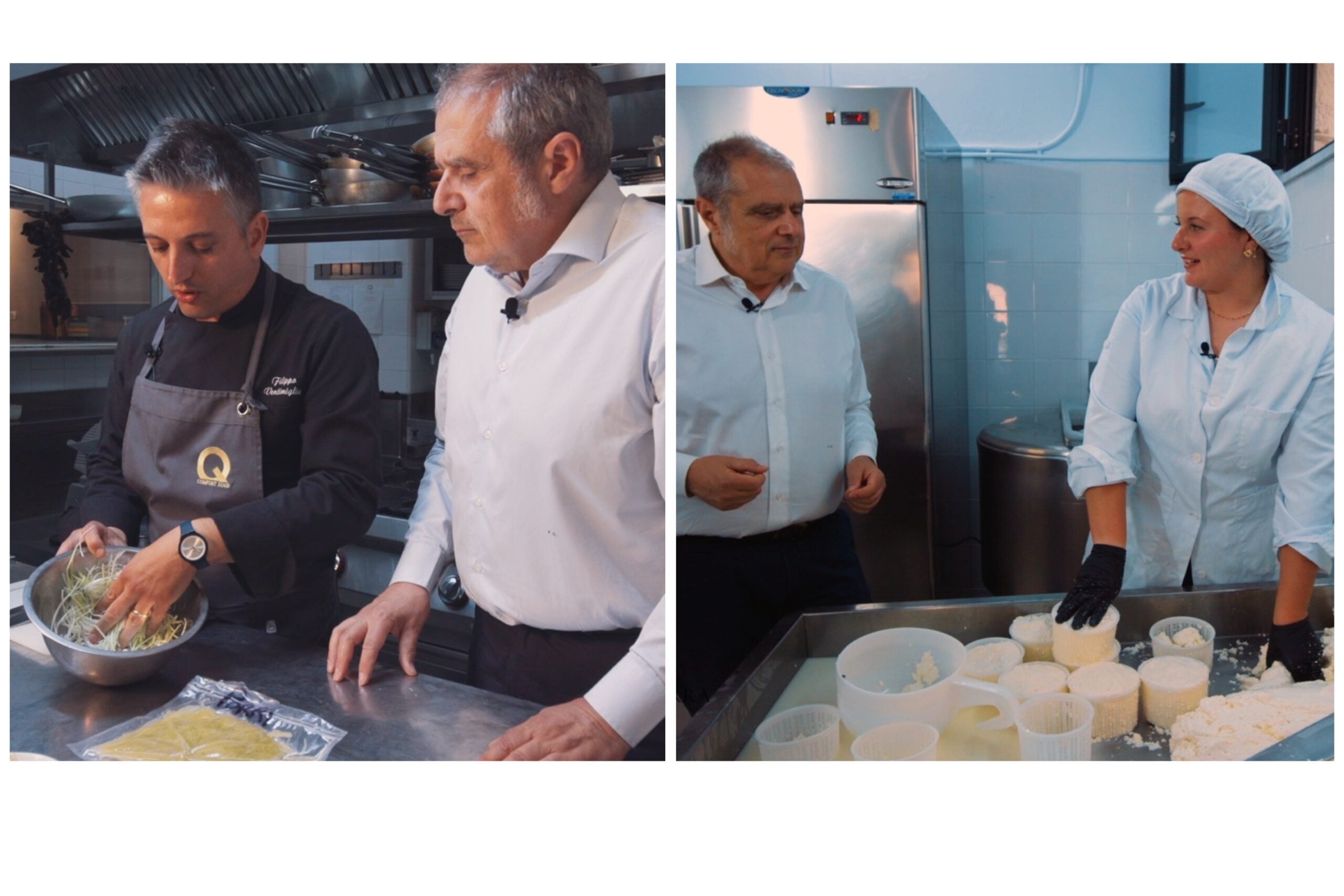 A sinistra Filippo Ventimiglia chef di Quattroventi a Palermo  e Fabrizio Carrera, a destra il conduttore del programma con Marta Spera dell’azienda casearia Balzo Rosso a Belmonte Mezzagno in provincia di Palermo