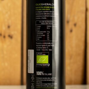 Agricola Agorà - retroetichetta dell'olio extravergine di oliva biologico Smeraldo