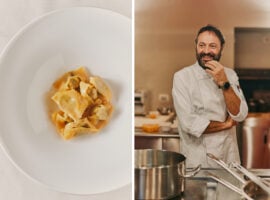 Agnolotti di Lidia. A destra lo chef Ugo Alciati del Ristorante Da Guido a Serralunga d’Alba