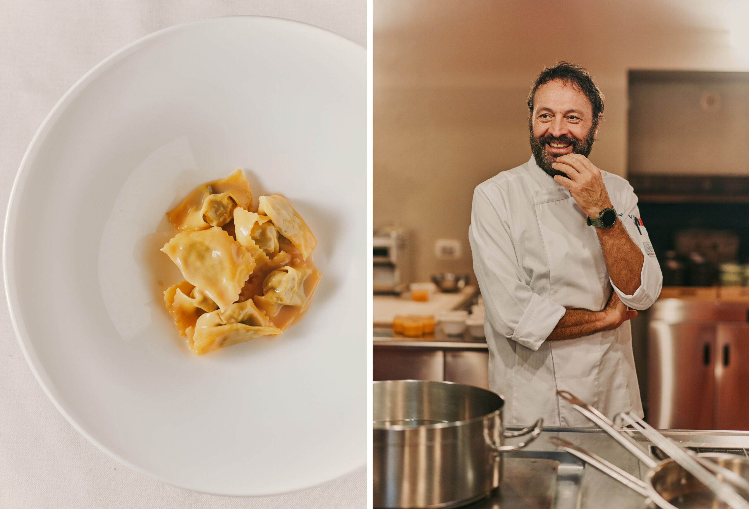 Agnolotti di Lidia. A destra lo chef Ugo Alciati del Ristorante Da Guido a Serralunga d’Alba