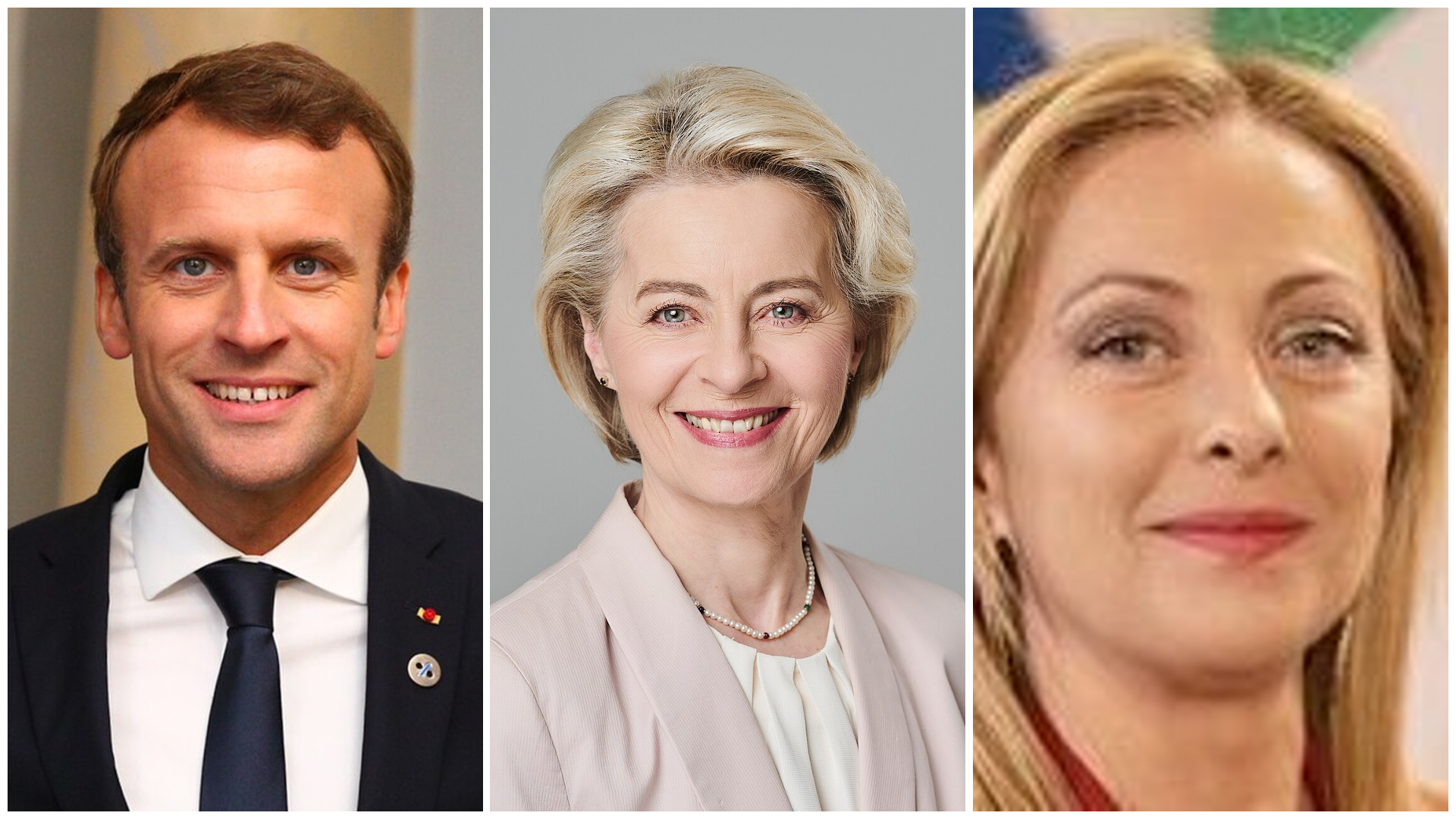 da sinistra il presidente francese Emmanuel Macron, la presidente della Commissione europea Ursula Von der Leyen, la premier Giorgia Meloni