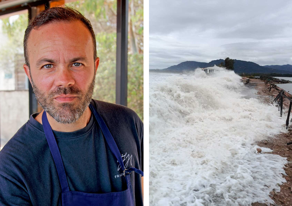 Lo chef Francesco Stara, a destra il suo ristorante colpito dal ciclone Harry
