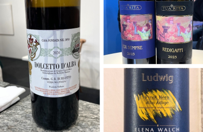 Da sinistra in senso orario Dolcetto d’Alba Doc 2024, Per sempre 2023, Pinot nero Ludwig 2023