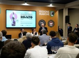 La materclass del Conero Docg Rosato al Vinitaly e (a destra in piedi) Alberto Mazzoni direttore dell’Imt