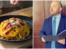 Da sinistra un piatto di carbonara e Alessandro Pipero
