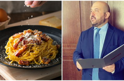 Da sinistra un piatto di carbonara e Alessandro Pipero