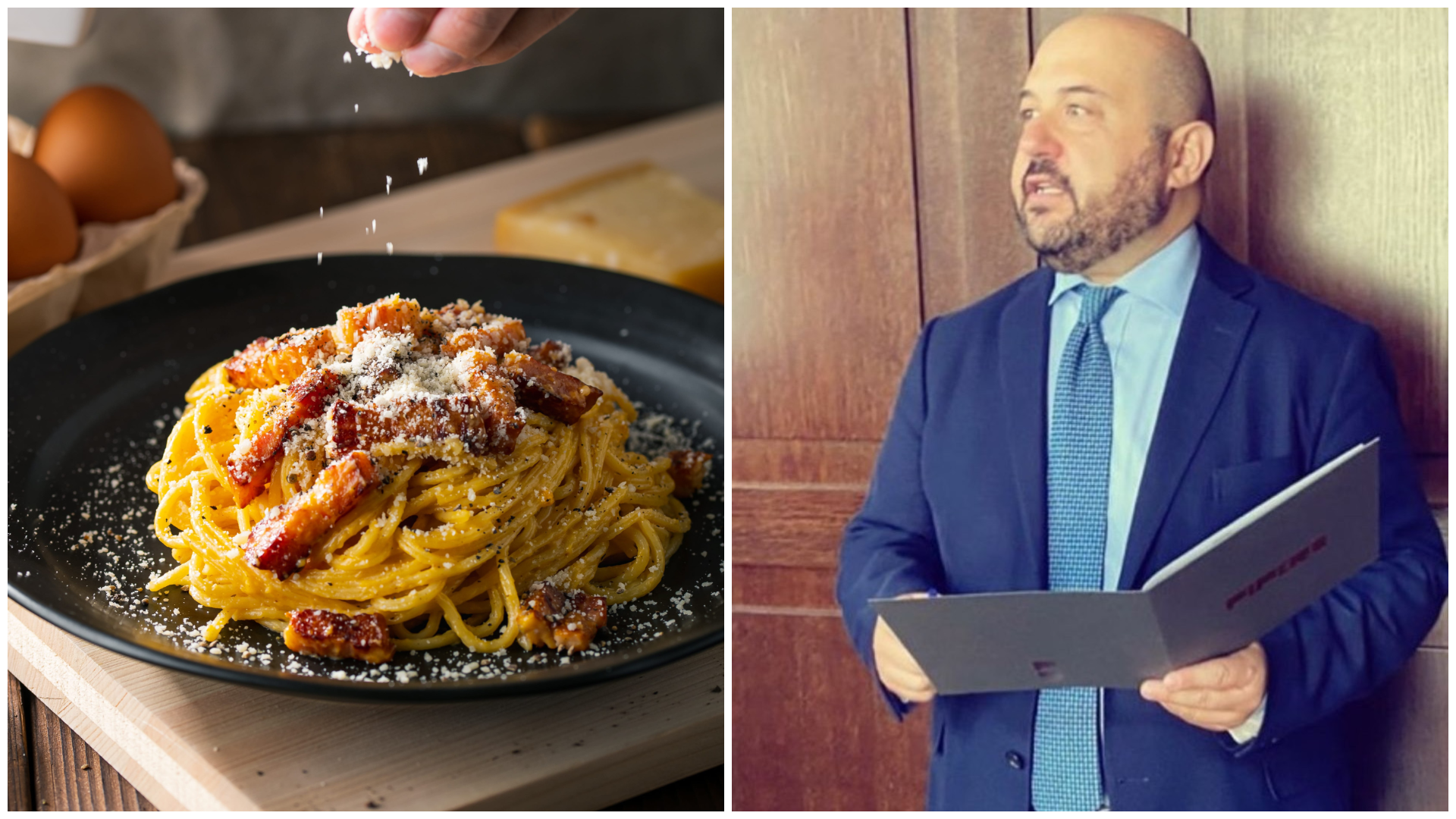 Da sinistra un piatto di carbonara e Alessandro Pipero
