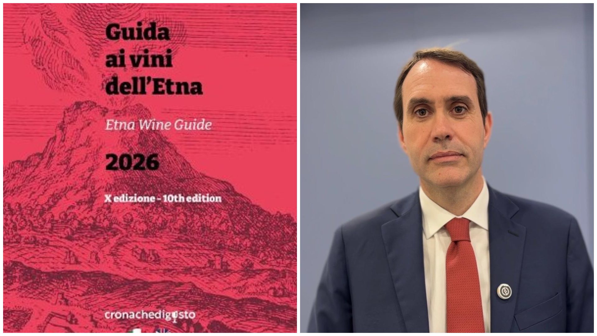 La copertina della Guida ai Vini dell’Etna 2026 e l’assessore all’Agricoltura della Regione Sicilana, Luca Sammartino