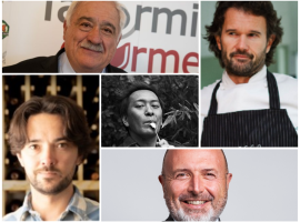 Da sinistra in senso orario Attilio Scienza, Carlo Cracco, Antonio Stopper, Matthew Luczy, e al centro lo chef di Osteria Gucci Takahiko ‘Taka’ Kondo