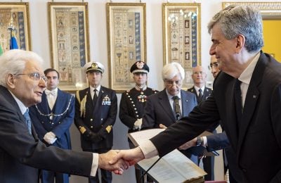 Da destra il nuovo ministro del Turismo, Gianmarco Mazzi, in occasione della cerimonia di giuramento davanti al presidente della Repubblica, Sergio Mattarella