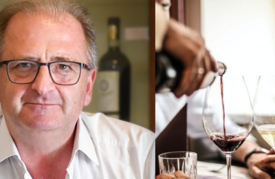 Francesco Liantonio e bicchieri di vino rosso e bianco