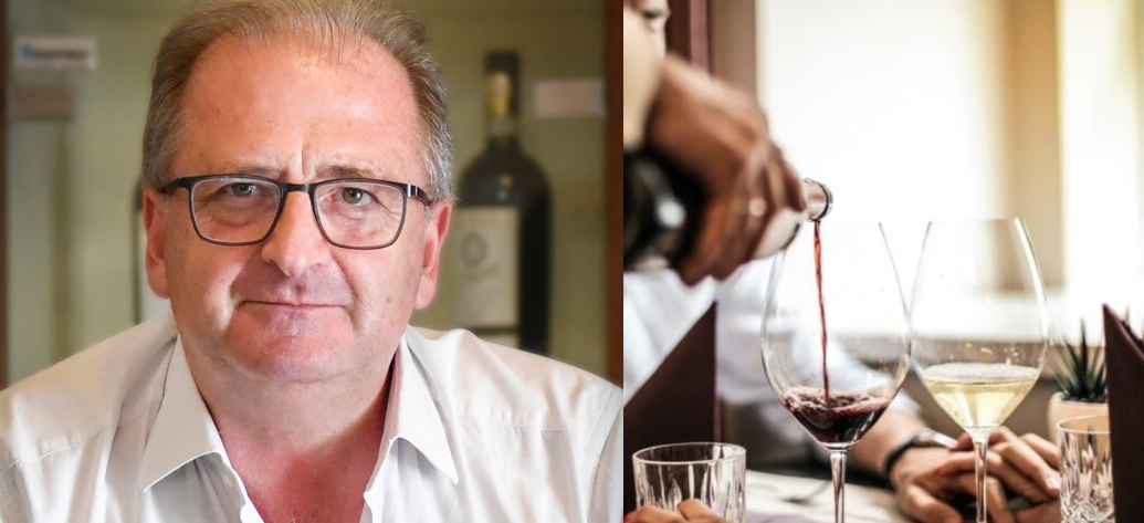 Francesco Liantonio e bicchieri di vino rosso e bianco
