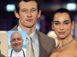 Callum Turner e Dua Lipa nella foto grande e nel riquadro piccolo Andrea Rizzo e Tony Lo Coco