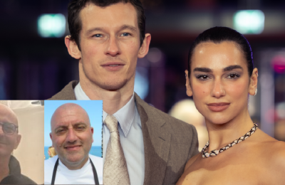 Callum Turner e Dua Lipa nella foto grande e nel riquadro piccolo Andrea Rizzo e Tony Lo Coco
