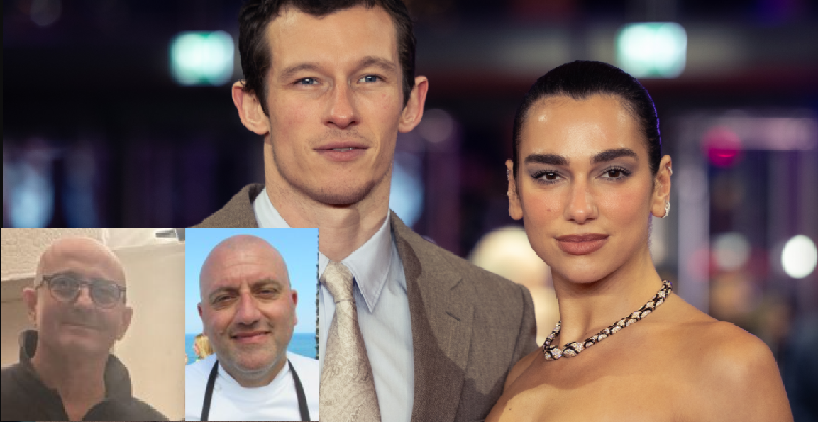 Callum Turner e Dua Lipa nella foto grande e nel riquadro piccolo Andrea Rizzo e Tony Lo Coco