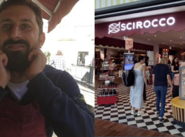 Marco Timpanaro e accanto il punto vendita nell’aeroporto di Bergamo