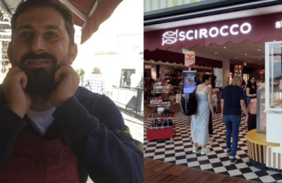 Marco Timpanaro e accanto il punto vendita nell’aeroporto di Bergamo