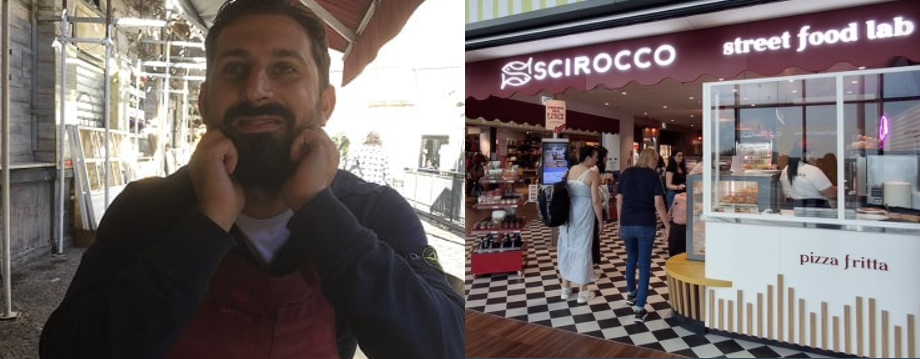 Marco Timpanaro e accanto il punto vendita nell’aeroporto di Bergamo