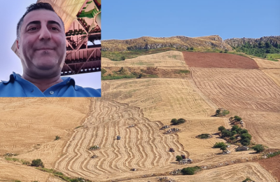 Un campo di grano a Petralia Sottana e nel riquadro Filippo Trubia
