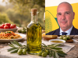 Una bottiglia di olio in primo piano e Francesco Ferreri nel riquadro