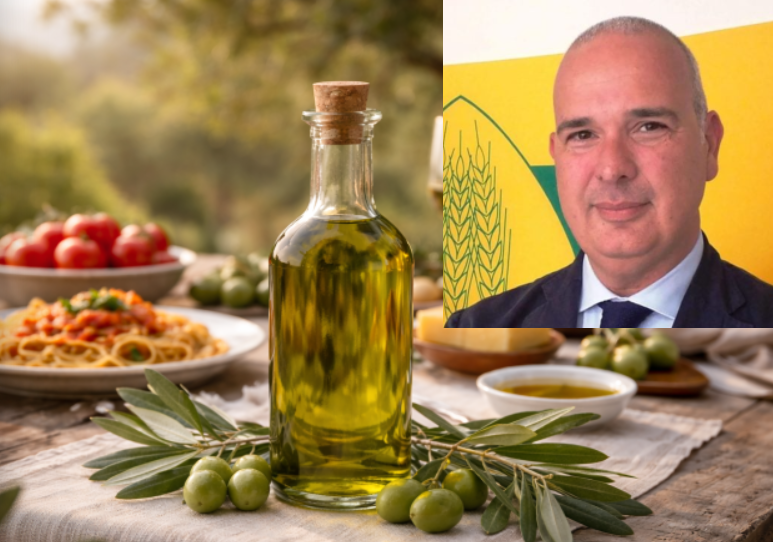 Una bottiglia di olio in primo piano e Francesco Ferreri nel riquadro