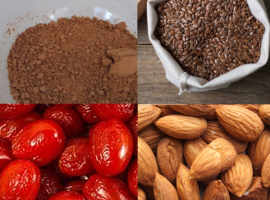 Cacao in polvere, semi di lino, bacche di goji e mandorle