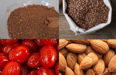 Cacao in polvere, semi di lino, bacche di goji e mandorle
