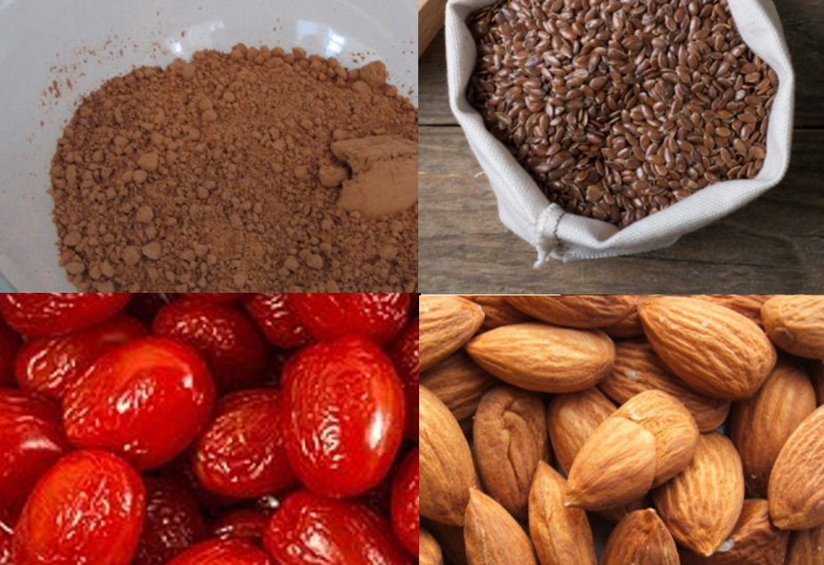Cacao in polvere, semi di lino, bacche di goji e mandorle