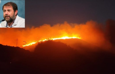 Un bosco in fiamme e Francesco Sottile nel riquadro