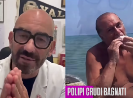 Bassetti e a lato un uomo che mangia il polipo crudo bagnato nel video mostrato dall’infettivologo