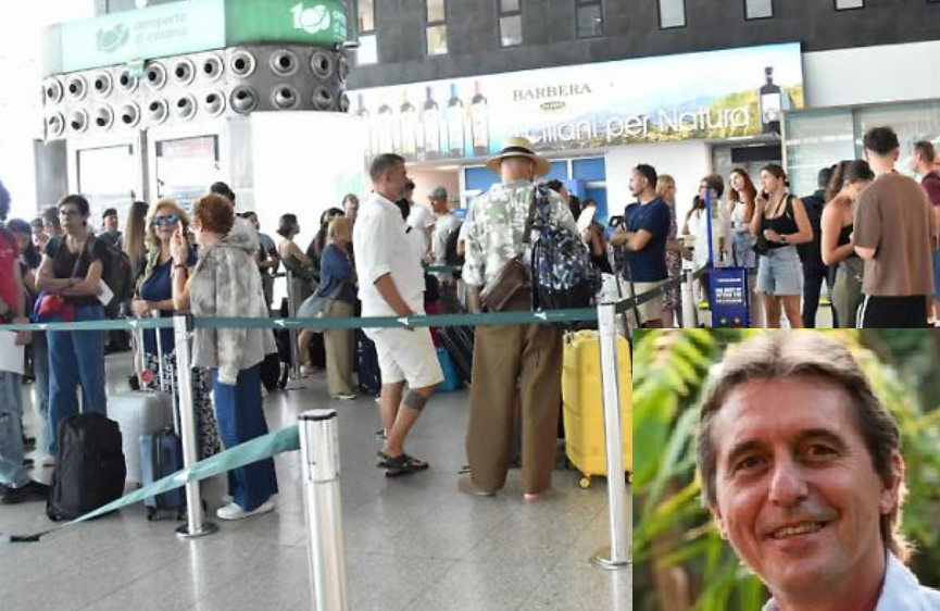Folla di viaggiatori nell’aeroporto di Catania (fotocredit lasicilia.it) e Schuler nel riquadro