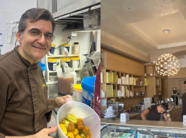 Il gelatiere Mario Palumbo e una foto degli interni del locale