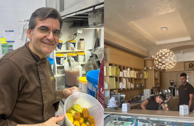 Il gelatiere Mario Palumbo e una foto degli interni del locale