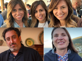 Da sinistra Paola, Michela e Carla Maugeri dell’omonima cantina e in basso Luca Caruso e Natascia Santandrea della cantina Eolia
