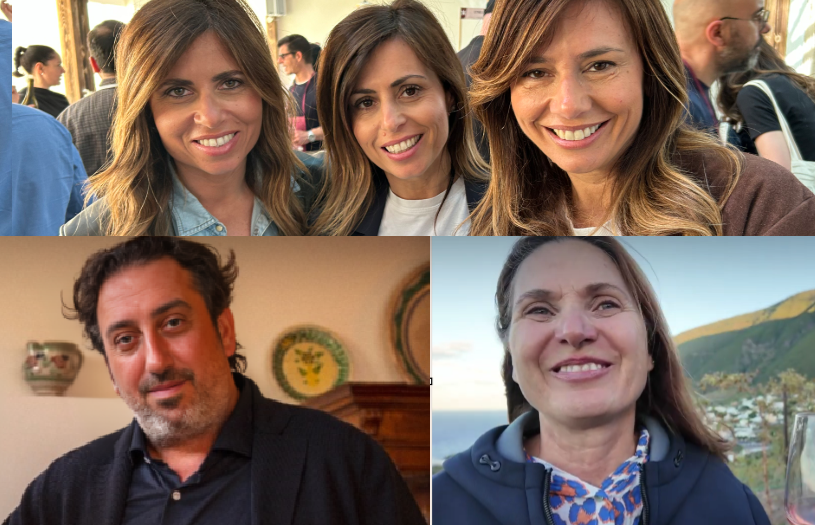 Da sinistra Paola, Michela e Carla Maugeri dell’omonima cantina e in basso Luca Caruso e Natascia Santandrea della cantina Eolia