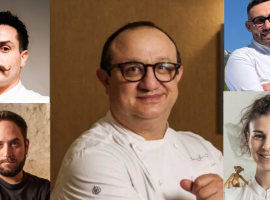 Ciccio Sultano al centro. In alto a sinistra Gaetano Pirrera, in basso a sinistra Giovanni Lullo. A destra Luca Fichera e Martina Dodeci