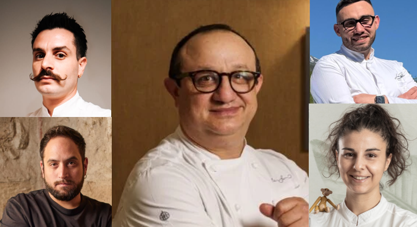 Ciccio Sultano al centro. In alto a sinistra Gaetano Pirrera, in basso a sinistra Giovanni Lullo. A destra Luca Fichera e Martina Dodeci
