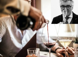 Un cameriere serve vino al ristorante e Alessandro Alì nel riquadro