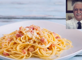 Un piatto di pasta alla carbonata e il professor Calabrese nel riquadro