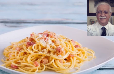 Un piatto di pasta alla carbonata e il professor Calabrese nel riquadro