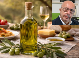 Una bottiglia di olio e Alberto Amoroso nel riquadro